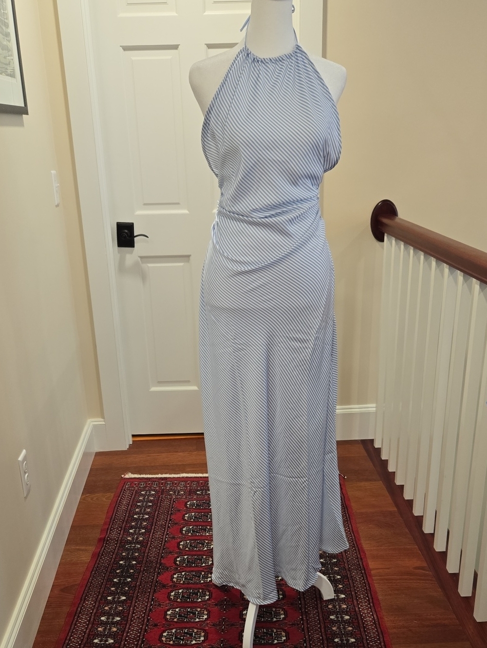 We Wore Wjat Elegant Blue & White Striped Halter Maxi Dress